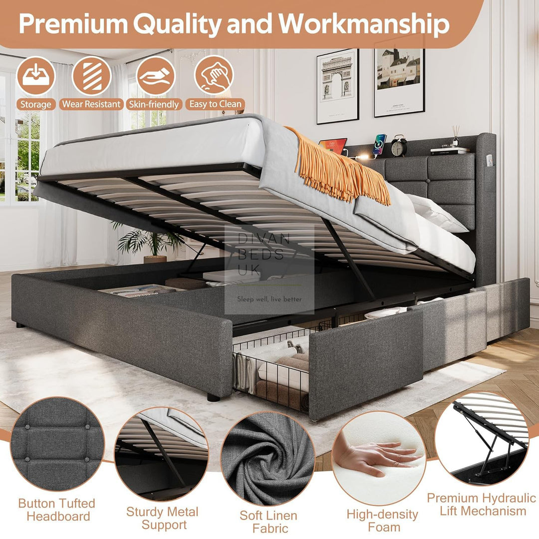 Treviso Charcoal Grey Linen 3 Drawer Ottoman Storage Bed with LED Lights, Type C and USB Charging Headboard Storage Shelf