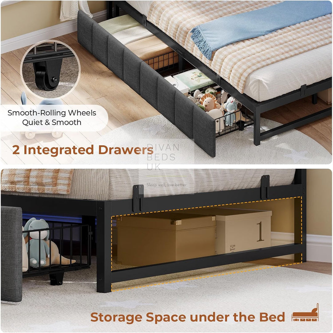 Giomani Grey Linen 2 Drawer Low Smart Sofa Bed Daybed with LED Lights, USB &amp; Type C Charging Station