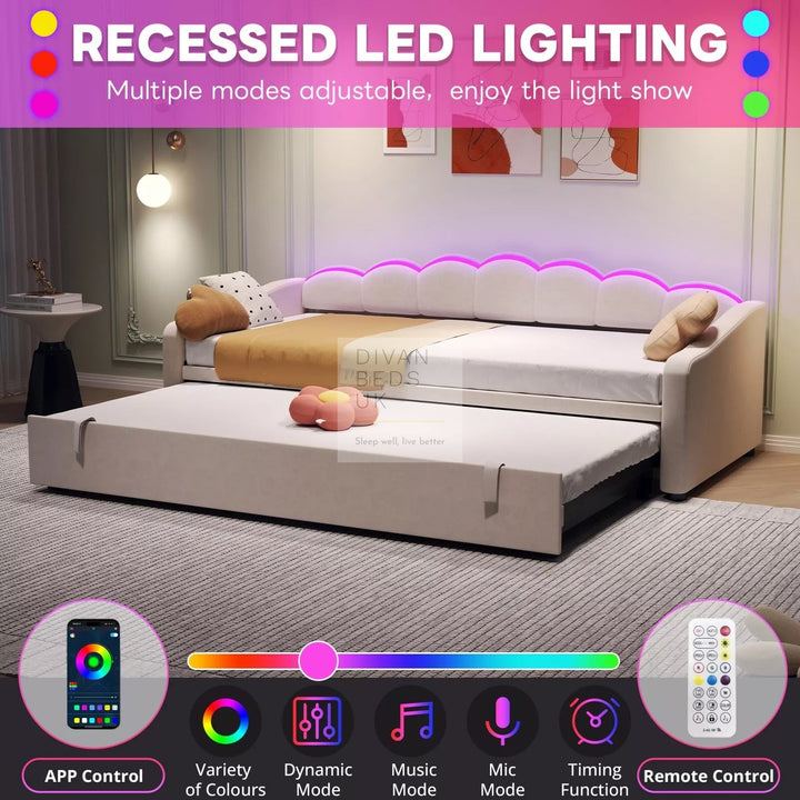Elina Beige Plush Velvet Trundle Guest Sofa Bed with LED Lighting