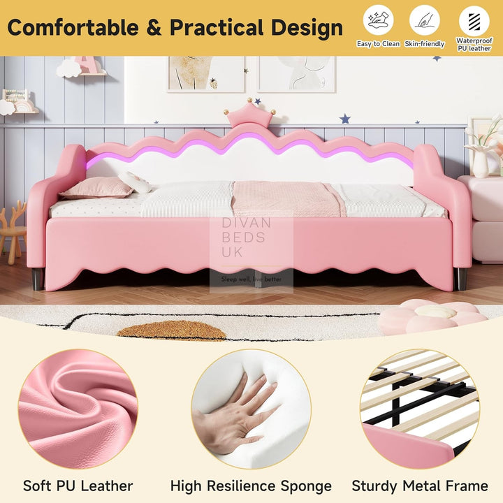 Vivian Pink Leather Girls Smart Sofa Bed with LED Lights & Trundle Daybed Couch