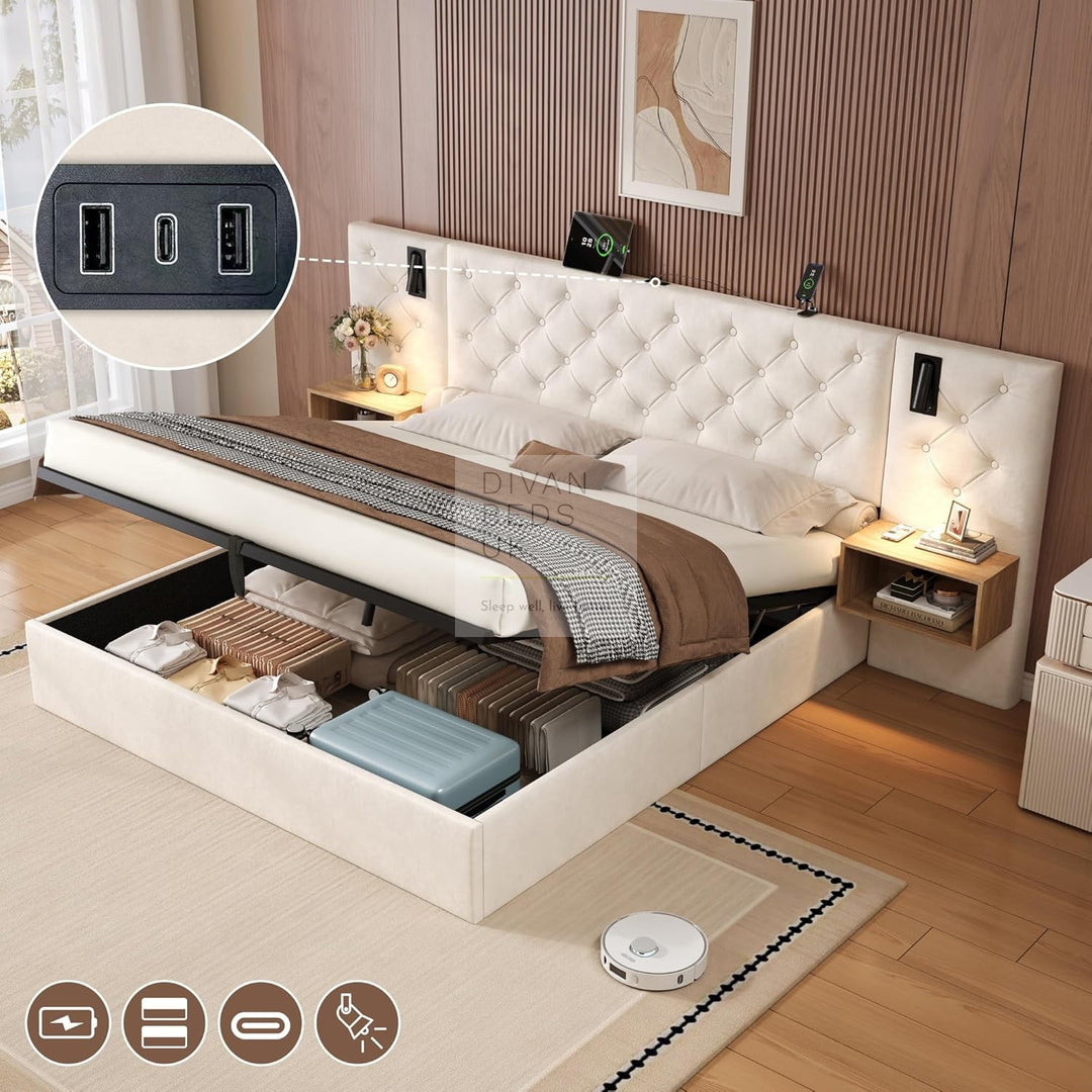 Arellano Beige Velvet Oversized Headboard Ottoman Storage Bed with Integrated Bedside Shelves, Power Outlets, USB & Type C Ports