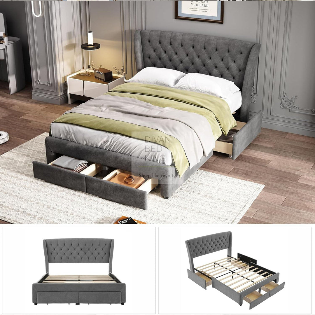 Cipriana Soft Grey Velour Upholstered Wingback Bed with 4 Drawers