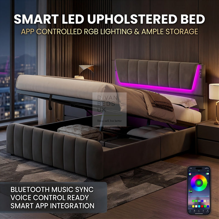 Kamari Ottoman Storage Grey Plush Velvet Smart Bed with with LED Lights, USB and Type-C Charging
