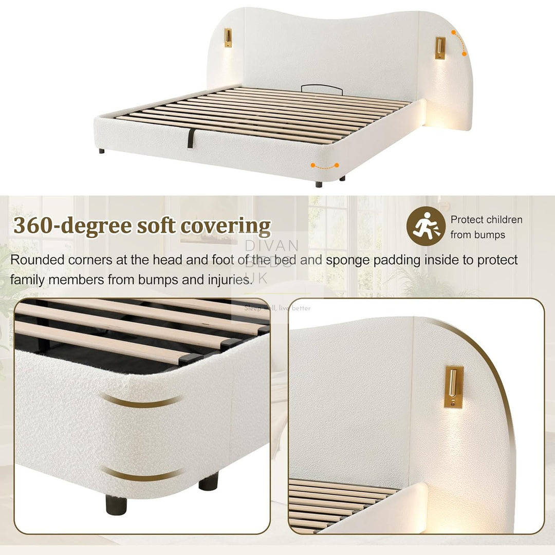 Peralta Oversized Headboard White Boucle Teddy Ottoman Storage Bed with USB Ports and Adjustable Lights