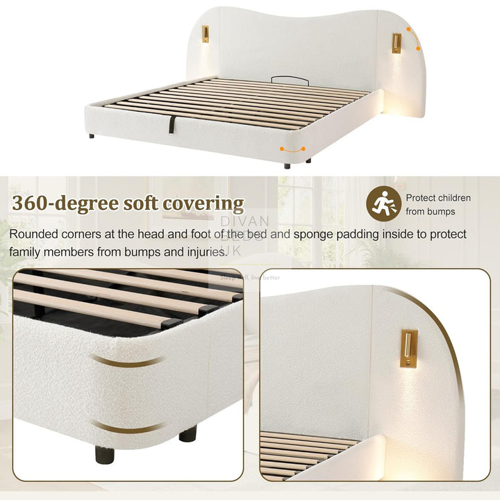 Peralta Oversized Headboard White Boucle Teddy Ottoman Storage Bed with USB Ports and Adjustable Lights
