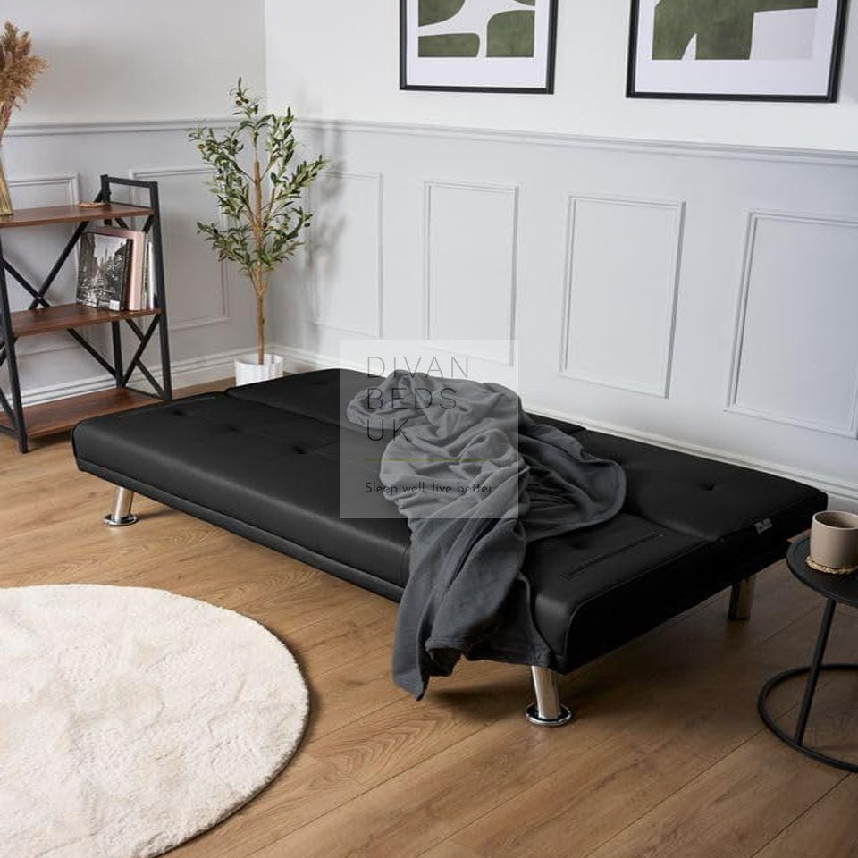 Cadence Black Leather 2 Seater Sofa Bed with Cup Holders and Matching Pillows
