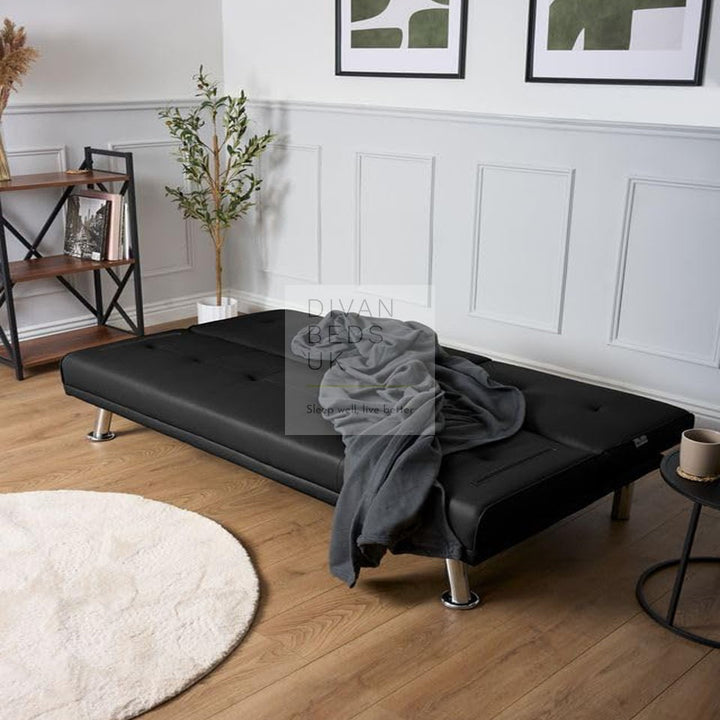 Cadence Black Leather 2 Seater Sofa Bed with Cup Holders and Matching Pillows