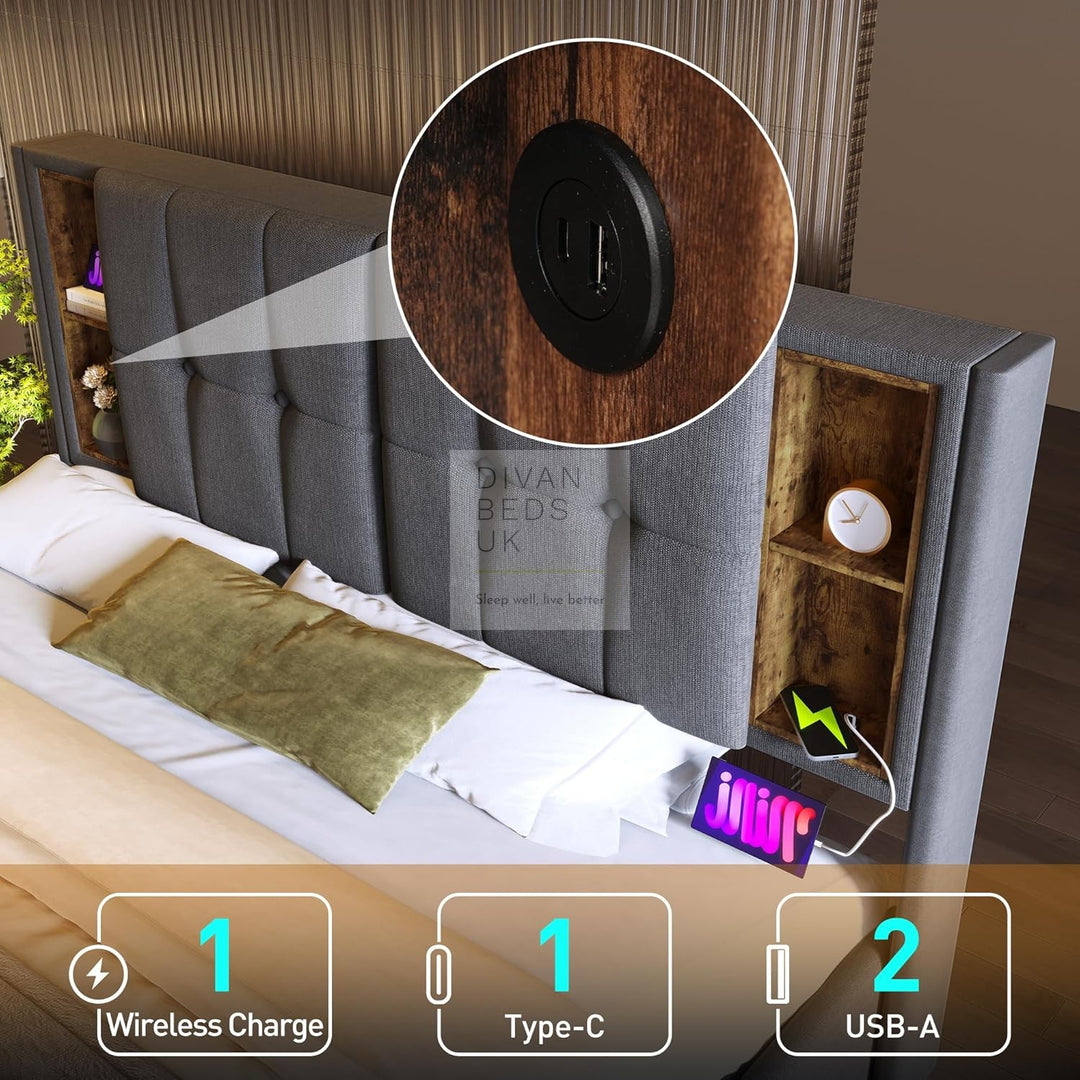 Guevara Grey Linen Ottoman Storage Bed with Type C, USB & Wireless Charging Headboard Shelves