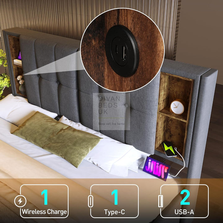 Guevara Grey Linen Ottoman Storage Bed with Type C, USB & Wireless Charging Headboard Shelves