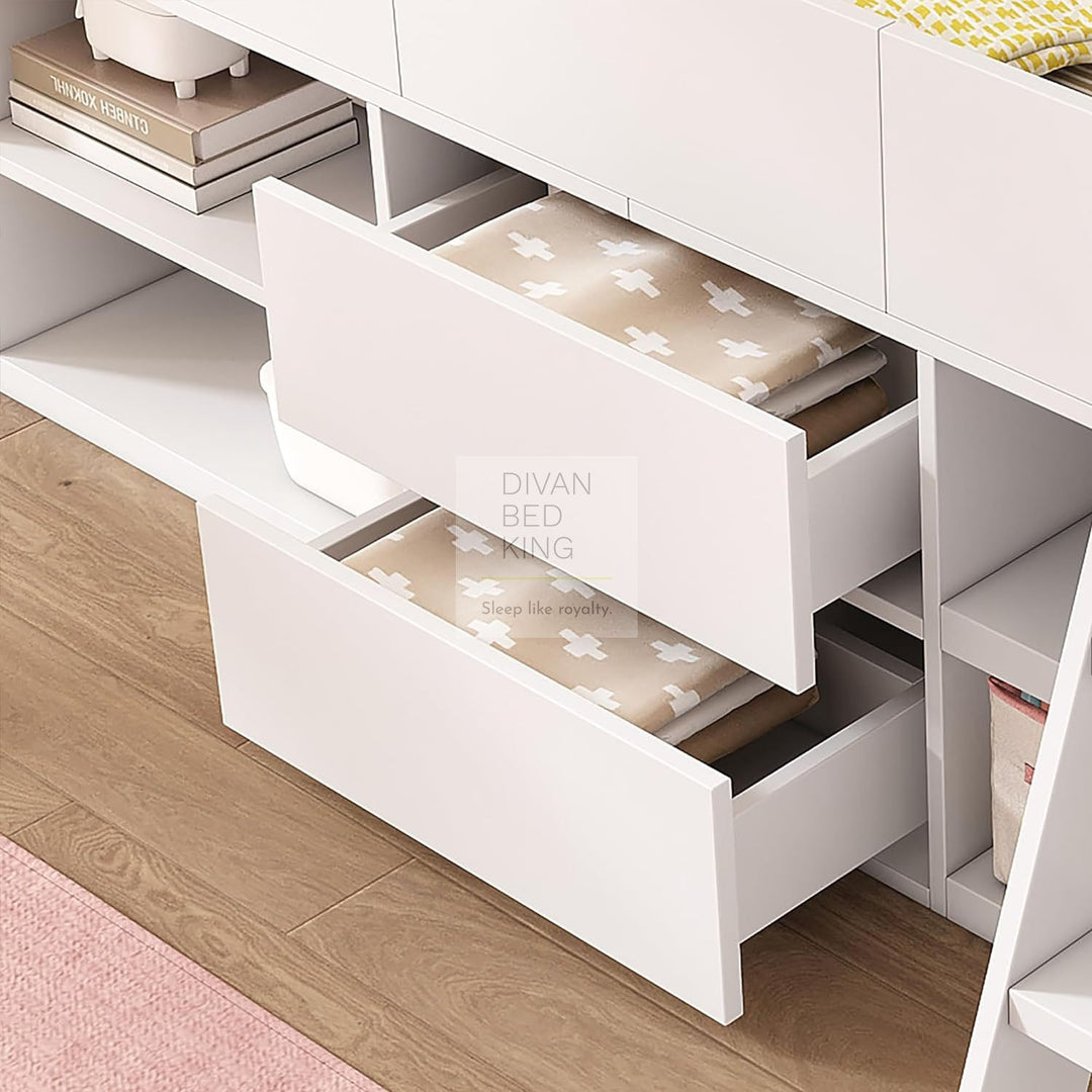 Zenda White Wooden Cabin Mid Sleeper Bed Storage with Drawers and Shelves