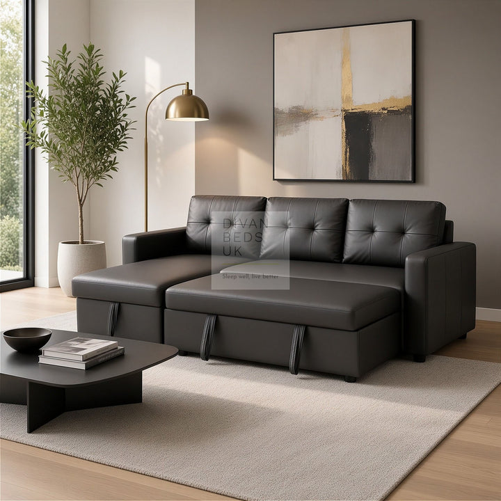 Sarai Black Leather 4 Seater Ottoman Storage Corner L Shape Sofa Bed with Pull-Out Trundle