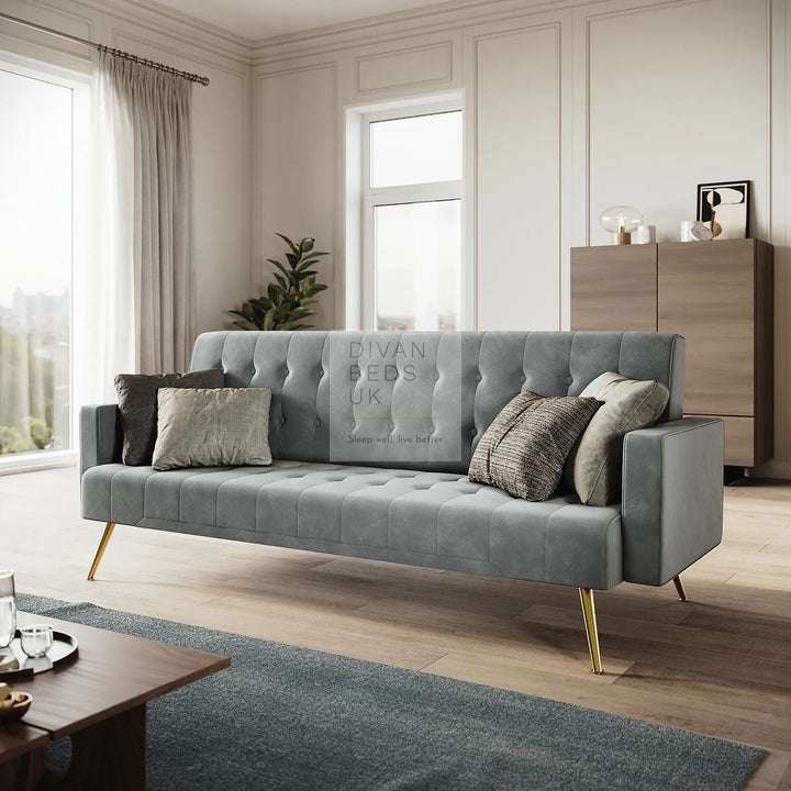 Felix Grey Plush Velvet 3 Seater Sofa Bed with Golden Legs