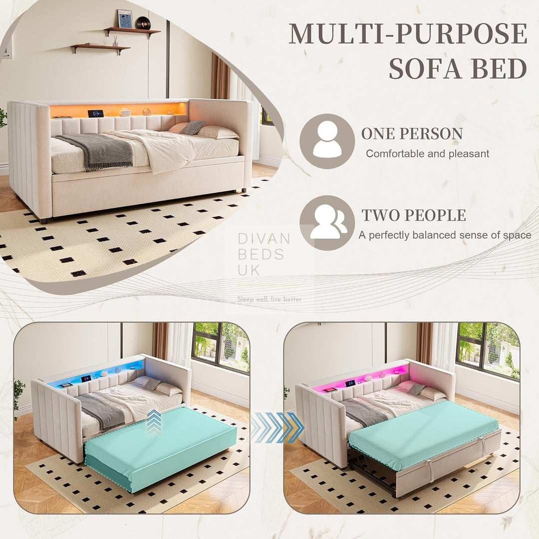 Adalynn Beige Plush Velvet Smart Sofa Bed Daybed with Bluetooth LED Lights, Storage, Shelves, USB & Type C Charging & Trundle