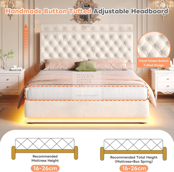 Clara White Beige Velvet Ottoman Storage Bed with Recessed LED Lighting & Adjustable Headboard