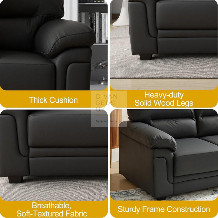 Delgado Luxury Black Leather Sofa Couch Settee with Pocket Spring & Reflex Foam Support