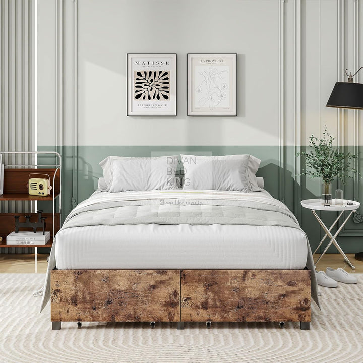 Horatio Metal Divan Bed Rustic Wood with 2 End Drawers and Underbed Storage Space