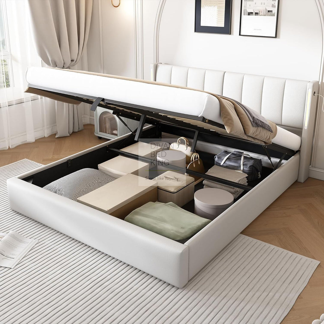 Lochlan White Leather Ottoman Bed with Adjustable Headrest + LED + USB + Type C Charging