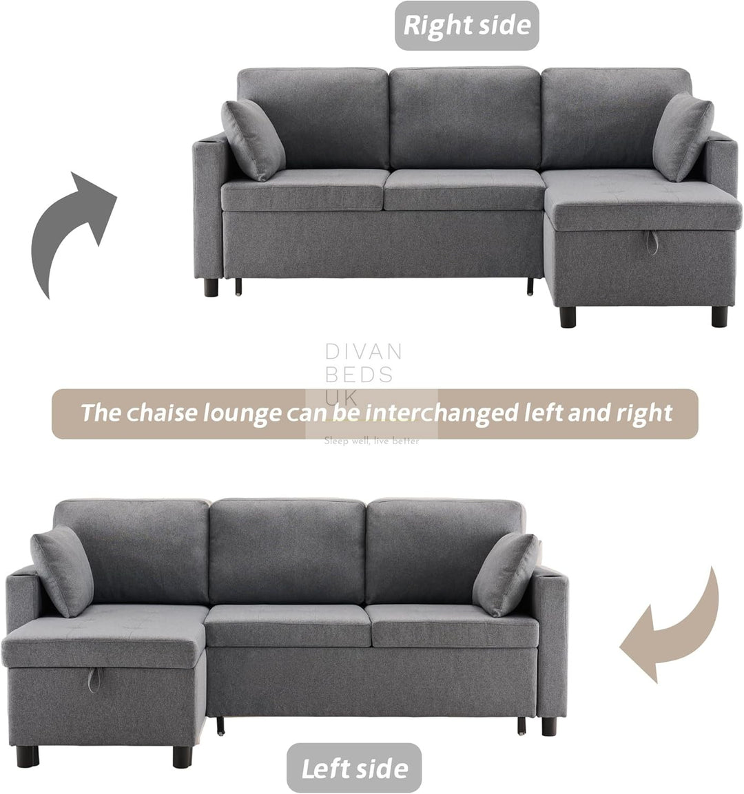 Downtown Grey Linen 4 Seater Ottoman Storage Corner Sofa Bed with Trundle