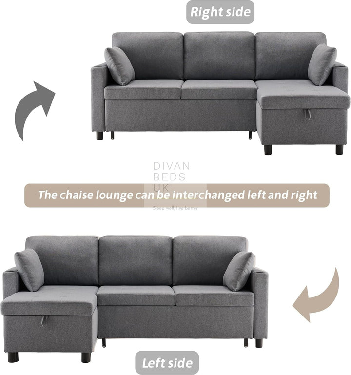 Downtown Grey Linen 4 Seater Ottoman Storage Corner Sofa Bed with Trundle