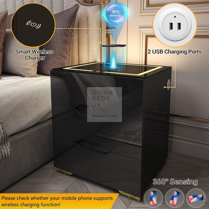 Barrera 3 Drawer Black High Gloss Smart LED Bedside Table with USB and Wireless Charging