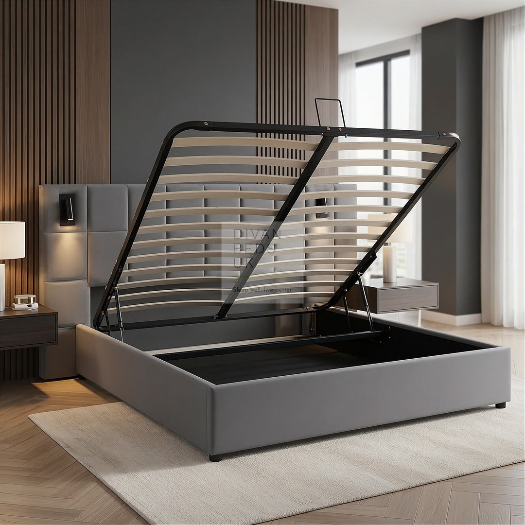 Avernus Oversized Headboard Grey Ottoman Storage Bed Frame with Integrated Lighting & USB Charging