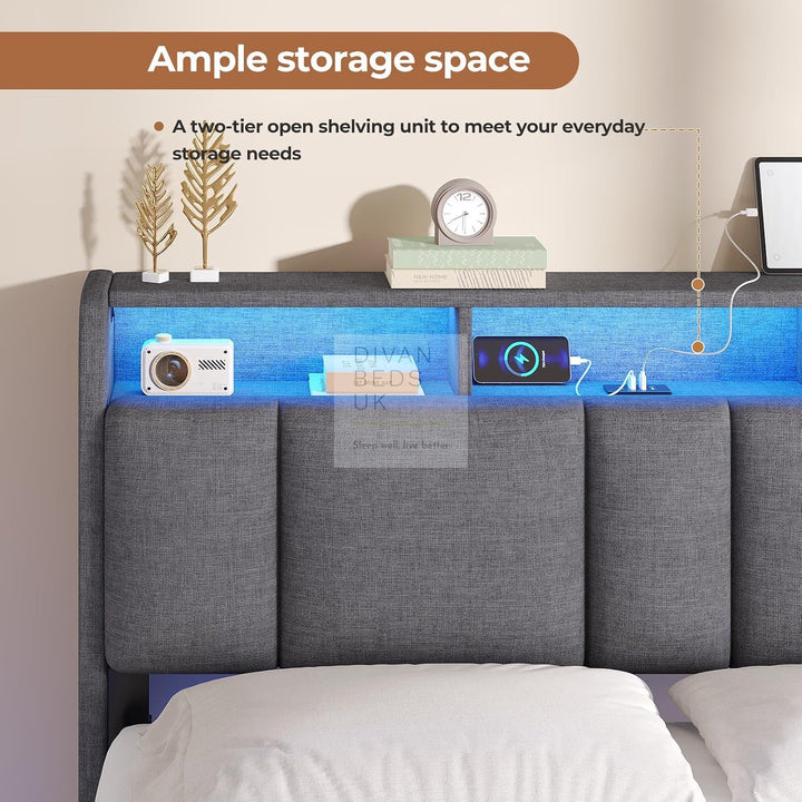 Everleigh Grey Linen Floating Bed Frame with Padded Storage Wing Headboard, LED Lights, USB &amp; Type-C Charging Station