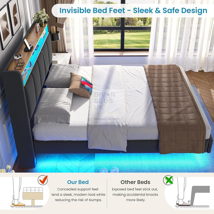 Houston Smart Metal Floating Bed with Grey Linen Padded Storage Headboard, LED Lights, Plug Sockets, USB &amp; Type C Charging Station