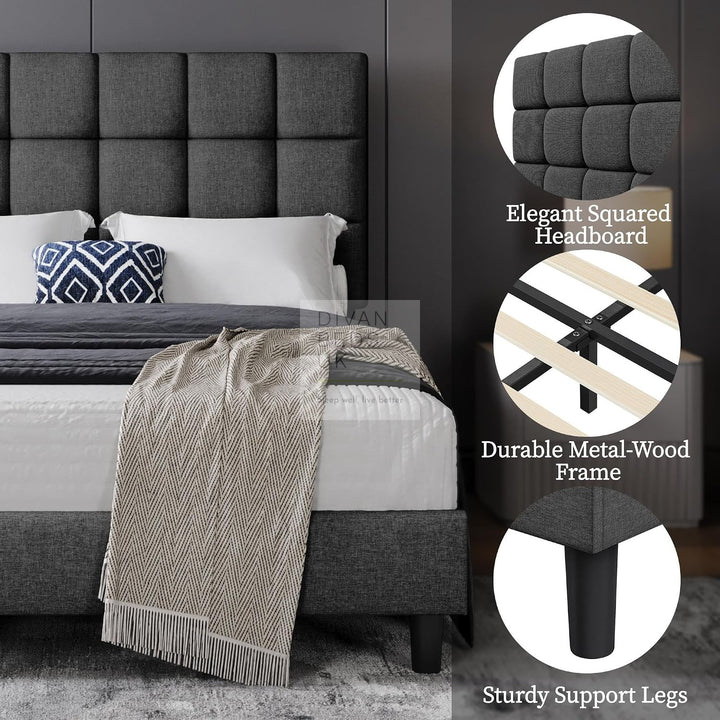 Armando Charcoal Linen Fabric Upholstered Bed with Adjustable Headboard