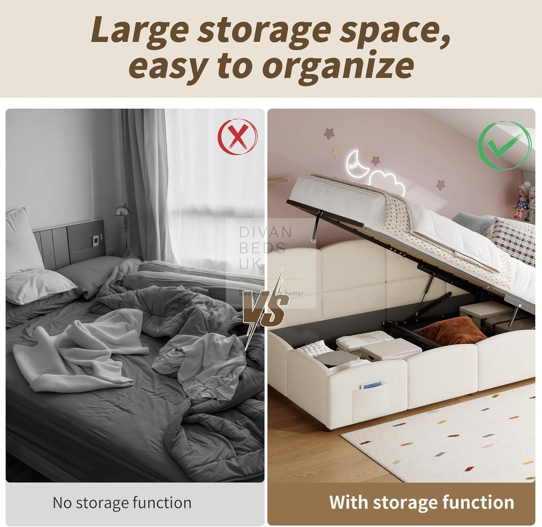 Amaia Beige Boucle Teddy Fabric Smart Ottoman Storage Daybed Sofa Bed Couch with Charging Station, USB & Type C Ports
