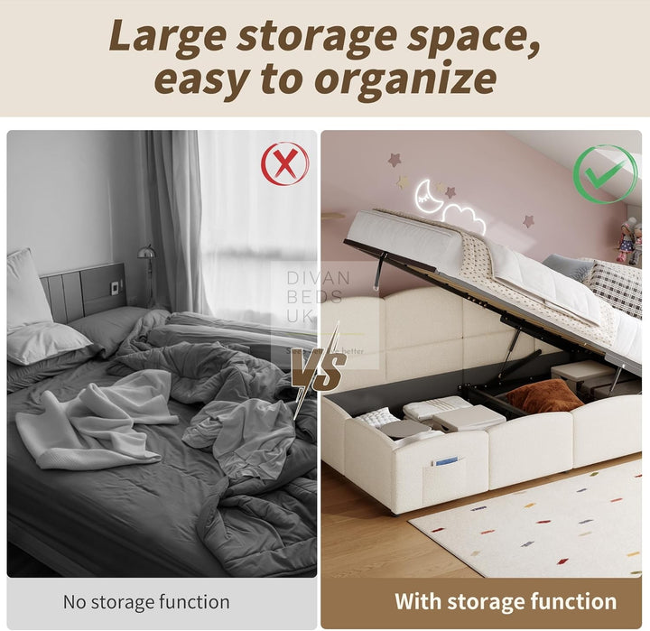 Amaia Beige Boucle Teddy Fabric Smart Ottoman Storage Daybed Sofa Bed Couch with Charging Station, USB & Type C Ports