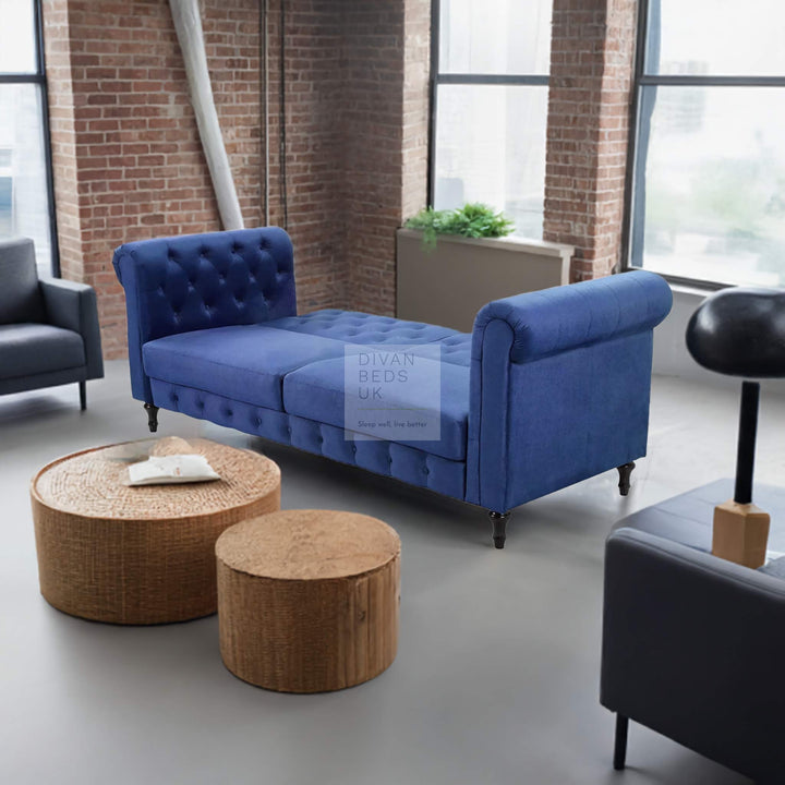 Federico Blue Velvet Convertible 3 Seater Sofa Bed Couch