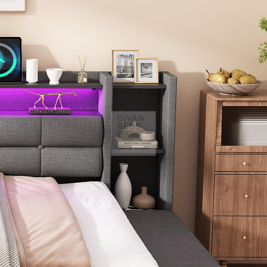 Avayah Grey Linen Smart Daybed Sofa Bed with 2 Drawers, LED Shelves Storage, USB &amp; Type C Charging Station &amp; Storage Box