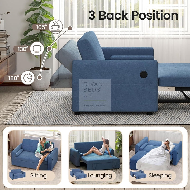 Kimora Blue Linen Smart Daybed Sofa Bed with USB & Type C Charging and Matching Pillows