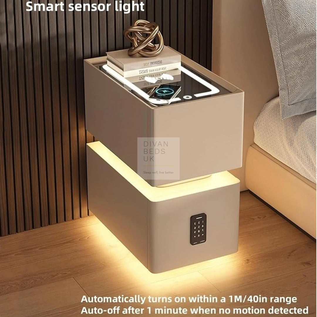 Lozano Biege 2 Drawer Smart Bedside Table with Wireless Charging, LED and Password Protected Storage (Pre-Assembled)