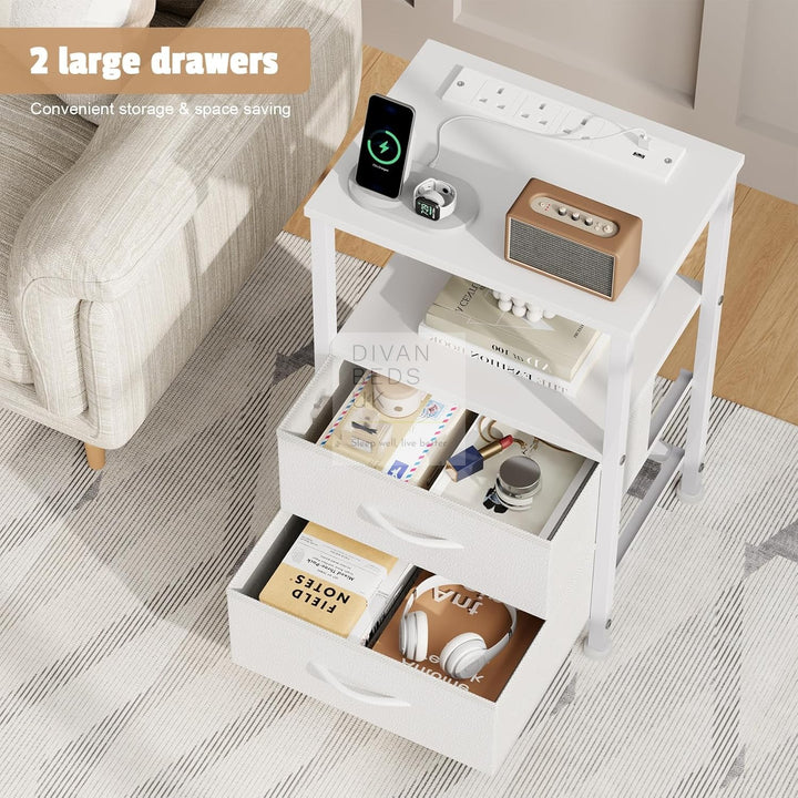 Henry 2 Drawer White Wood and Metal Smart Bedside Table with Shelf