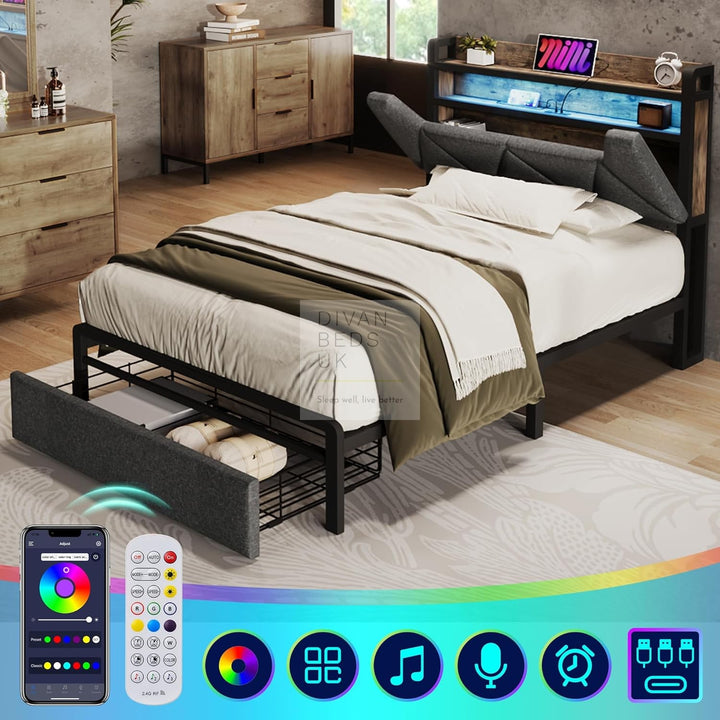 Cagliari Kids Charcoal Grey Linen 2 Drawer Smart Bed with LED Light, Type C and USB Charging Headboard Storage Shelf