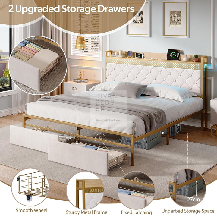 Arellano Winged Biege Velvet LED Metal Smart Bed with 2 Drawers USB, Type-C Charging Storage Headboard Shelf