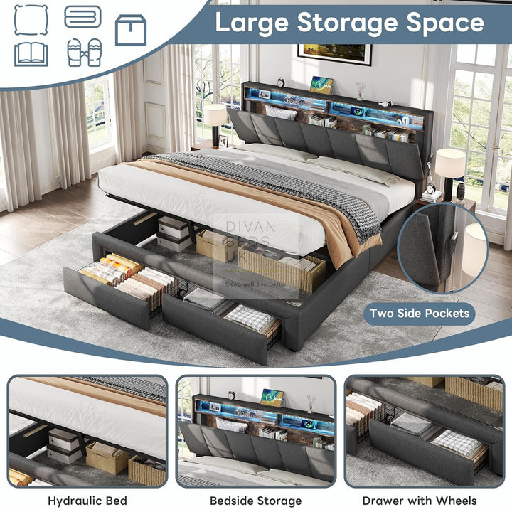 Aarya Charcoal Grey Linen 2 Drawer Ottoman Storage Bed with LED Lights, Type C and USB Charging Headboard Storage Shelf