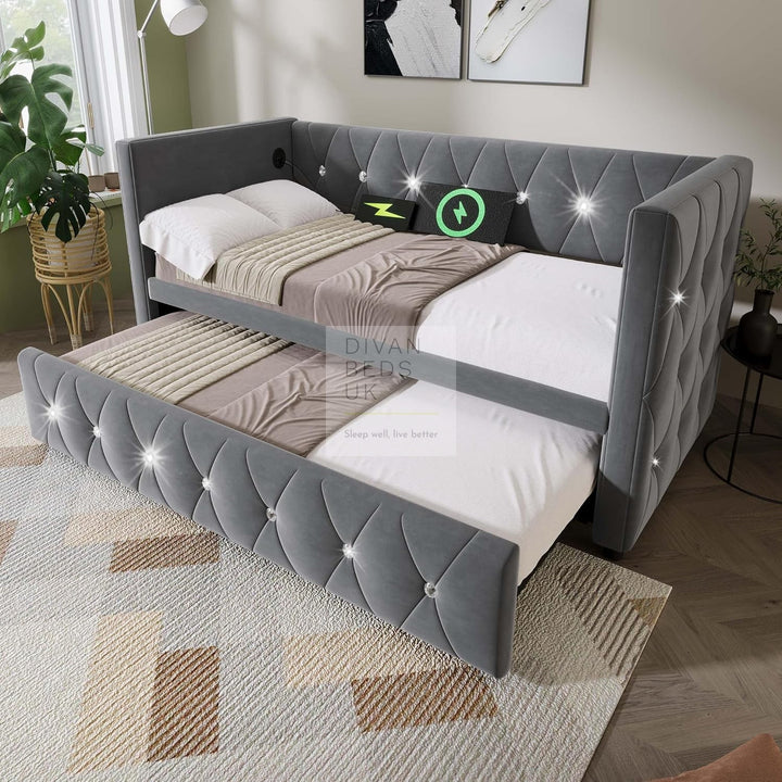 Taranto Grey Velvet Diamante Crystal Smart Daybed Sofa Bed Couch with Trundle, Charging Station, USB & Type C Ports