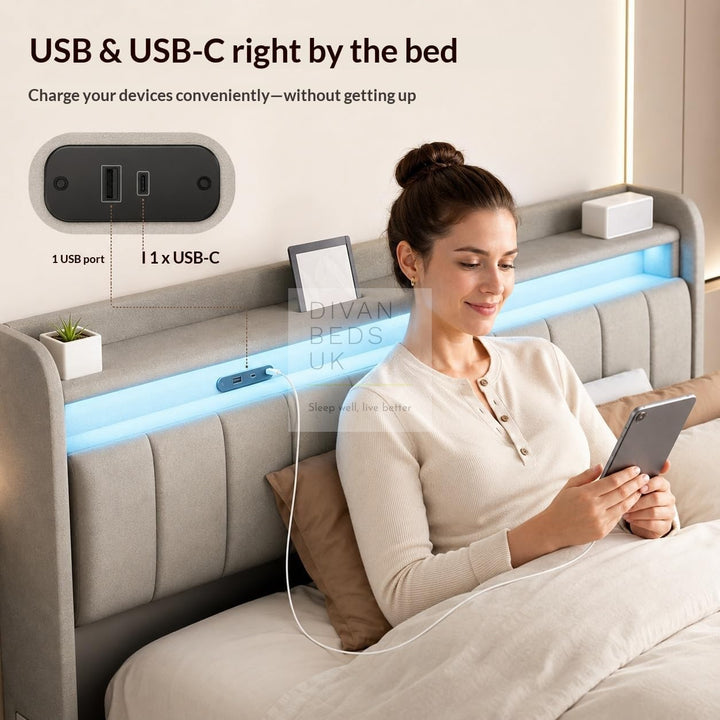 Kairi LED Grey Velvet Ottoman Storage Smart Bed with USB Type C Charging Station on Headboard Storage Shelf