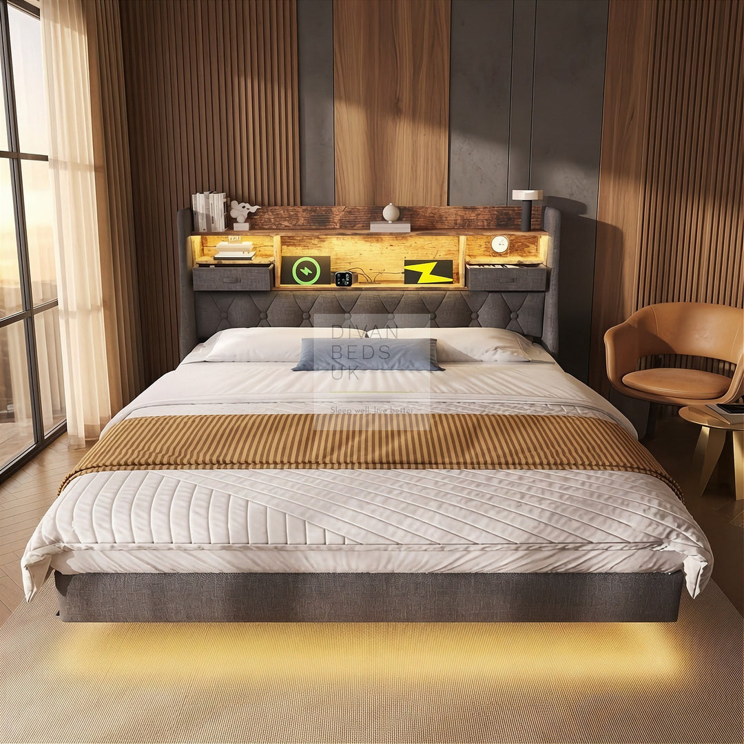 Burton Smart Metal Floating Linen Bed Frame with Grey Padded Storage Headboard, LED Lights, USB, Type C Charging Station