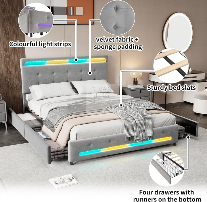 Perdadossu 4 Drawer Storage Grey Velvet Smart Bed with LED Lights