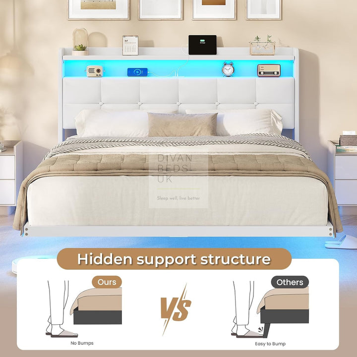 Harleigh Smart Metal Floating Bed with Off-White Padded Storage Headboard, LED Lights, Plug Sockets, USB &amp; Type C Charging Station