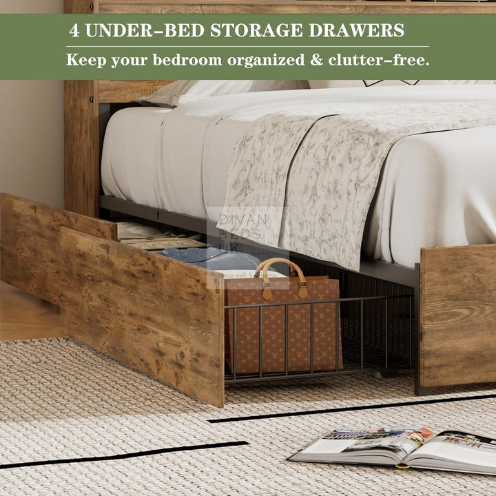 Aubriella Rustic Oak Style Wooden Smart Bed with 4 Drawers, Power Outlets and USB Ports & Shelves