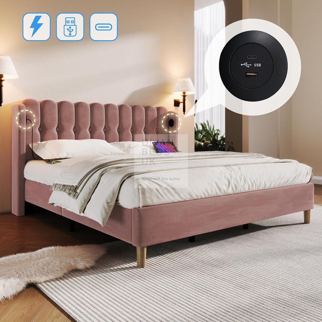 Calabria Wingback Pink Velvet Smart Bed with USB & Type-C Charging Stations on Both Sides