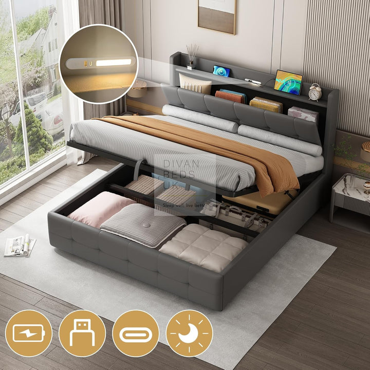 Serafina Grey Leather Ottoman Smart Bed with LED Headboard Storage Charging Station, USB, Type-C Ports
