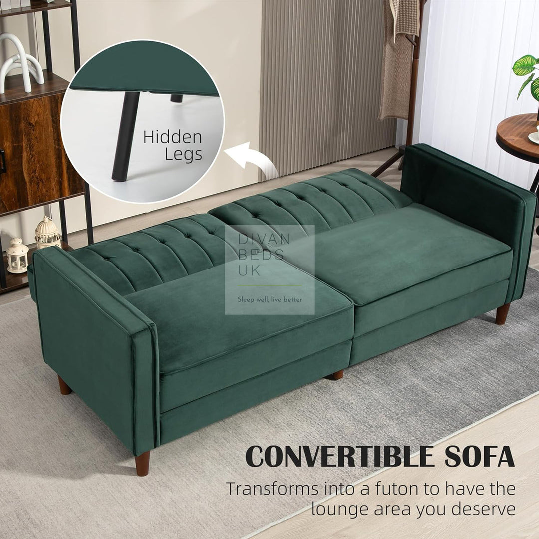 Bronson Green Plush Velvet 3 Seater Sofa Bed