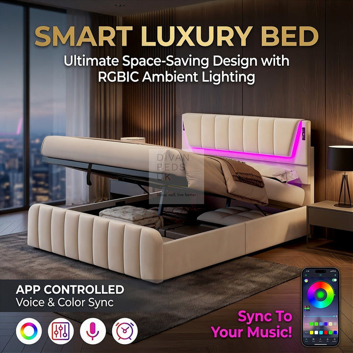 Kamari Ottoman Storage Beige Plush Velvet Smart Bed with with LED Lights, USB and Type-C Charging
