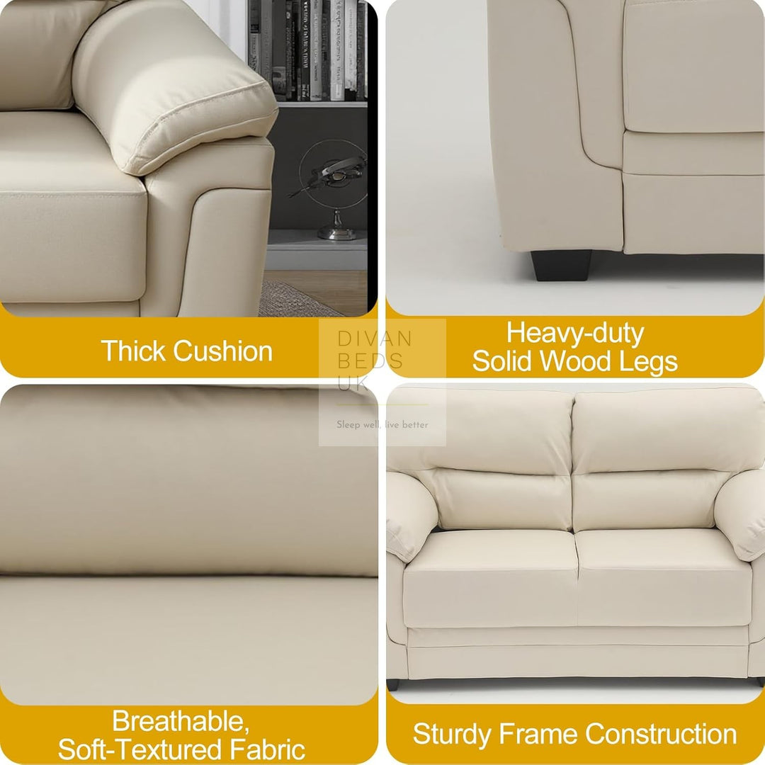 Delgado Luxury Beige Leather Sofa Couch Settee with Pocket Spring & Reflex Foam Support