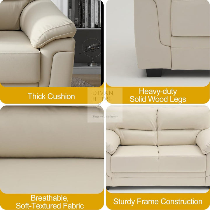 Delgado Luxury Beige Leather Sofa Couch Settee with Pocket Spring & Reflex Foam Support